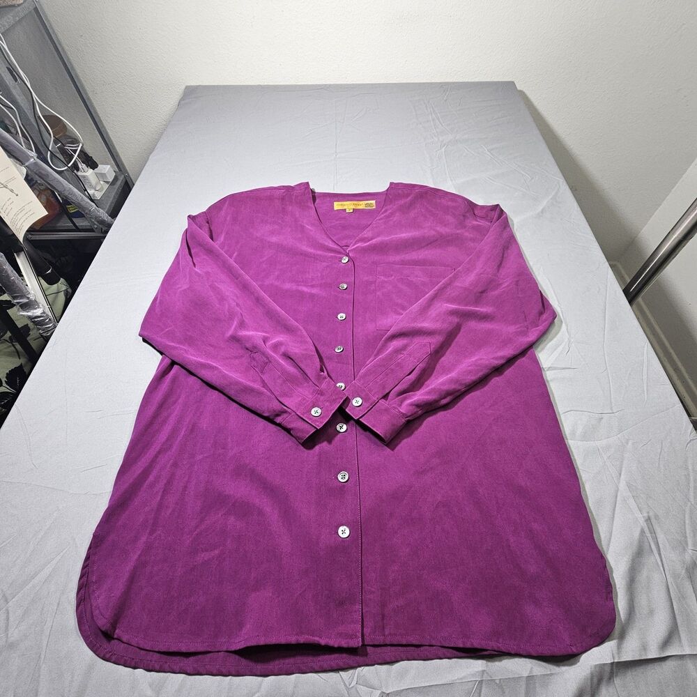 *Classiques Entier 100% Silk Vibrant Magenta V-Neck Tunic Blouse Long Sleeve...